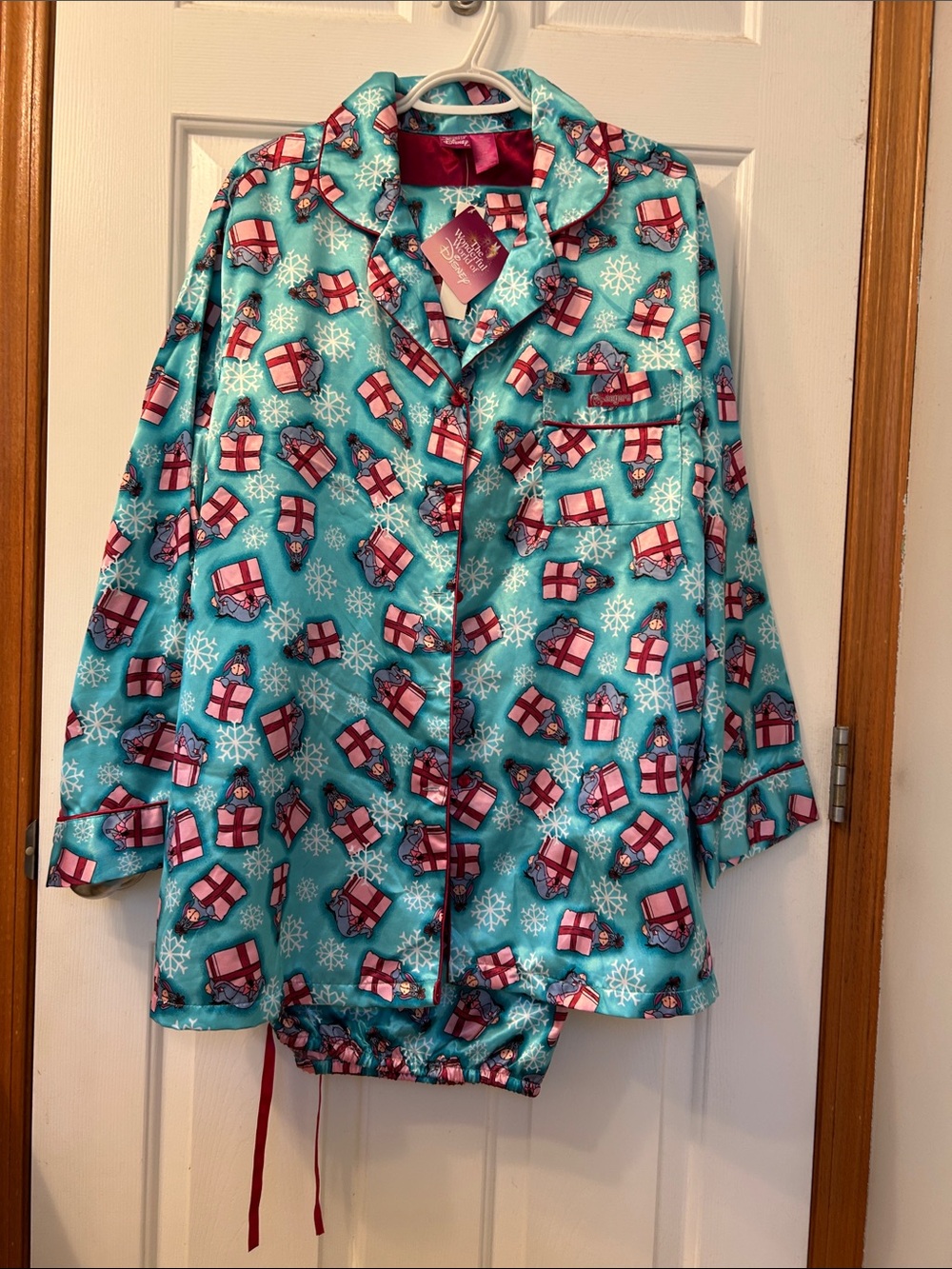 Disney Eeyore Turquoise Satin Pajama Set with Red Gift Print